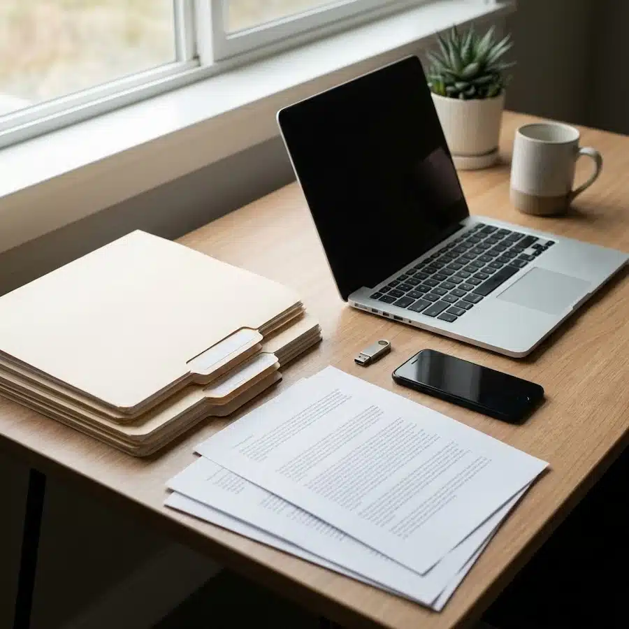 أفضل شركة برمجة تطبيقات الجوال: معايير اختيار وتشيك ليست قبل التعاقد ملفات مشروع منظمة على مكتب مع لابتوب وهاتف ودفتر ملاحظات