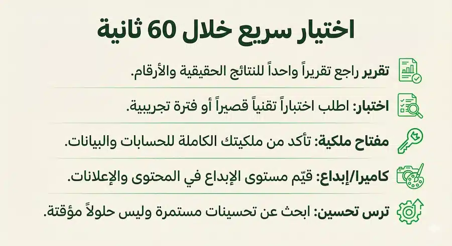 شركة إعلانات سوشيال ميديا في السعودية: دليل الاختيار والأسعار إنفوجرافيك عربي لقائمة تحقق لاختيار شركة إعلانات سوشيال ميديا خلال 60 ثانية