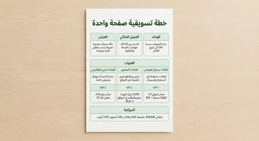 نموذج خطة تسويقية جاهز للتعديل (Word/Google Docs) + طريقة تعبئته خطوة بخطوة نموذج خطة تسويقية صفحة واحدة جاهز للتعبئة