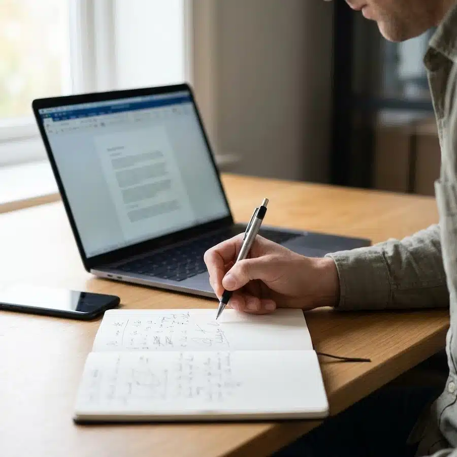 أفضل شركة برمجة تطبيقات الجوال: معايير اختيار وتشيك ليست قبل التعاقد شخص يكتب أسئلة مشروع على دفتر أمام لابتوب وهاتف في بيئة عمل