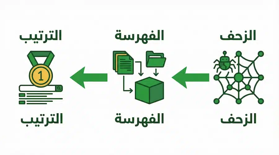 معنى كلمة سيو (SEO): ما هو تحسين محركات البحث؟ شرح بسيط للمبتدئين مخطط يشرح مراحل الزحف والفهرسة والترتيب في جوجل