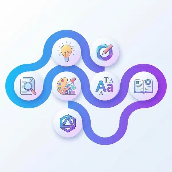 بالخطوات تعرف على تصميم هوية بصرية وتجارية مخطط خطوات يوضح مراحل تصميم هوية من البحث حتى دليل الاستخدام.