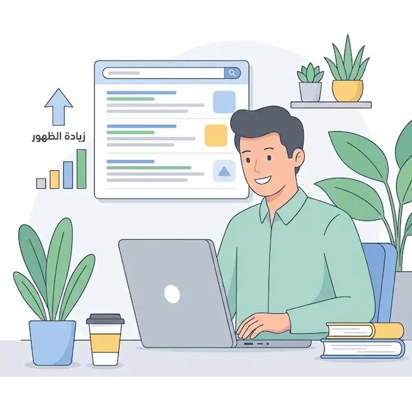 خدمات محركات البحث: دليل عملي لرفع الظهور وجذب عملاء محتملين شخص يراجع نتائج البحث مع مؤشر يوضح زيادة الظهور لموقعه