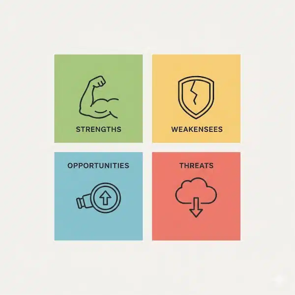التسويق لمتجر الكتروني: خطة شاملة لزيادة المبيعات في السعودية مخطط SWOT مبسط لتقييم المتجر قبل إطلاق الحملات التسويقية.