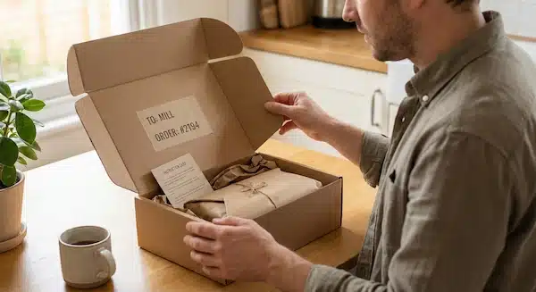 كراتين للمتاجر الالكترونية: دليل اختيار المقاسات والتغليف وتقليل التلف تجربة فتح كراتين للمتاجر الالكترونية بشكل مرتب مع ملصق هوية وورقة تعليمات