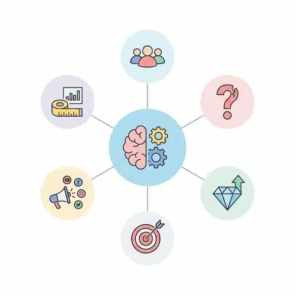 نموذج خطة تسويقية جاهز للتعديل (Word/Google Docs) + طريقة تعبئته خطوة بخطوة مخطط يوضح مكونات نموذج خطة تسويقية مثل الجمهور والأهداف والقنوات والقياس