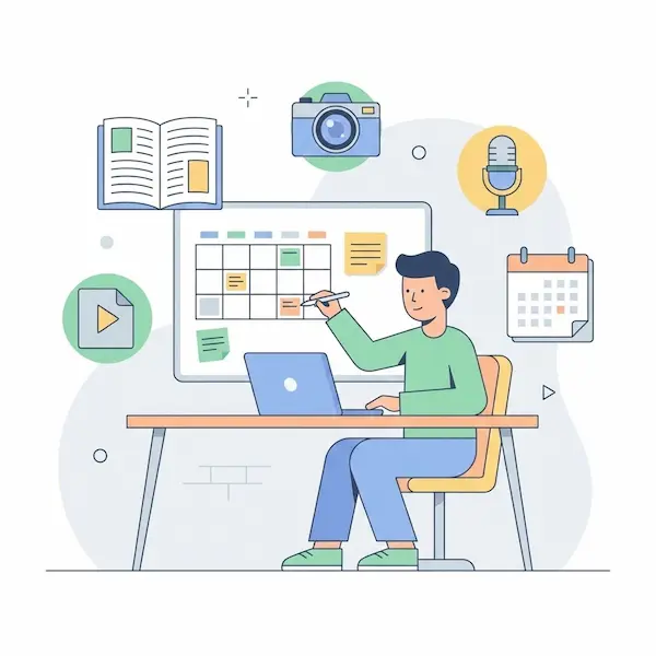 صناعة المحتوى الرقمي: دليل عملي لبناء خطة ونشر محتوى يحقق نتائج شخص يخطط لصناعة المحتوى الرقمي باستخدام تقويم وأيقونات منصات