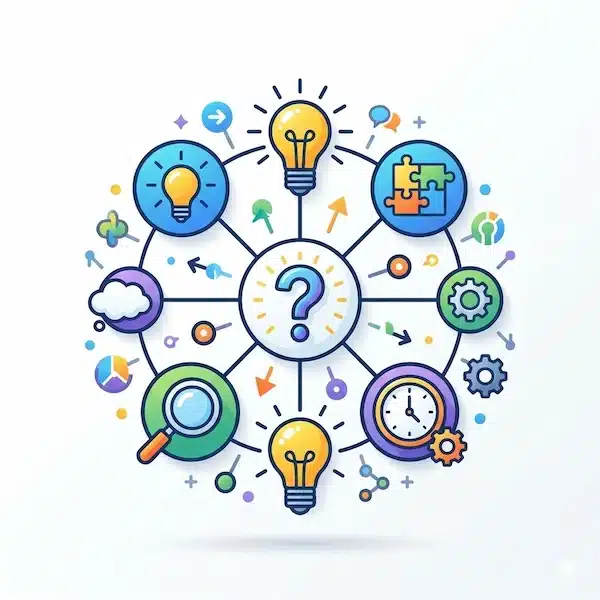 كتابة المحتوى الابداعي: دليل عملي + خطوات + قوالب وأمثلة خريطة أفكار بأيقونات تساعد على توليد زوايا كتابة بسرعة