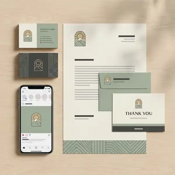 بالخطوات تعرف على تصميم هوية بصرية وتجارية موك-أب يعرض تطبيق تصميم هوية على مطبوعات وسوشيال بشكل متناسق.