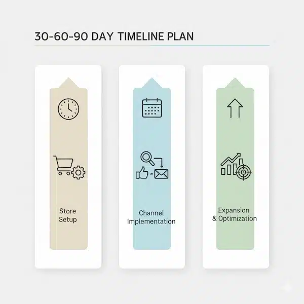 التسويق لمتجر الكتروني: خطة شاملة لزيادة المبيعات في السعودية مخطط يوضح خطة تنفيذ التسويق على ثلاث مراحل خلال 30-60-90 يوم.