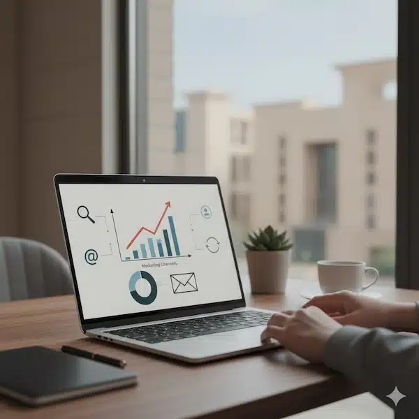 التسويق لمتجر الكتروني: خطة شاملة لزيادة المبيعات في السعودية صورة تعبيرية عن التسويق لمتجر الكتروني عبر قنوات متعددة في السعودية مع مؤشرات نمو على شاشة لابتوب.