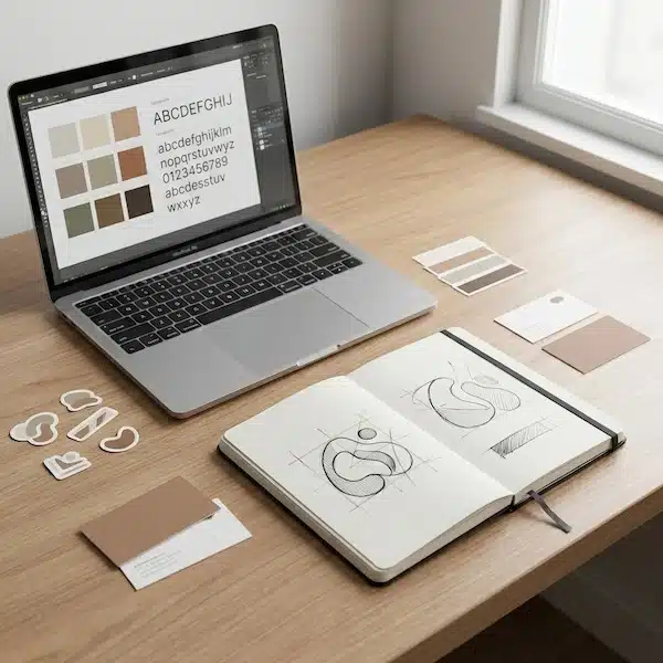 بالخطوات تعرف على تصميم هوية بصرية وتجارية مكتب عمل يعرض عناصر تصميم هوية مثل الألوان والخطوط واسكتش الشعار.