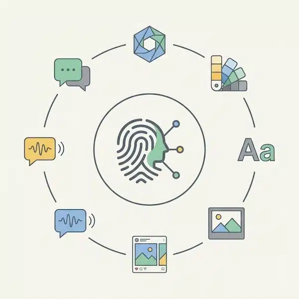 بالخطوات تعرف على تصميم هوية بصرية وتجارية رسم يوضح أن الهوية نظام يشمل الشعار والألوان والخطوط والقوالب ونمط الصور.