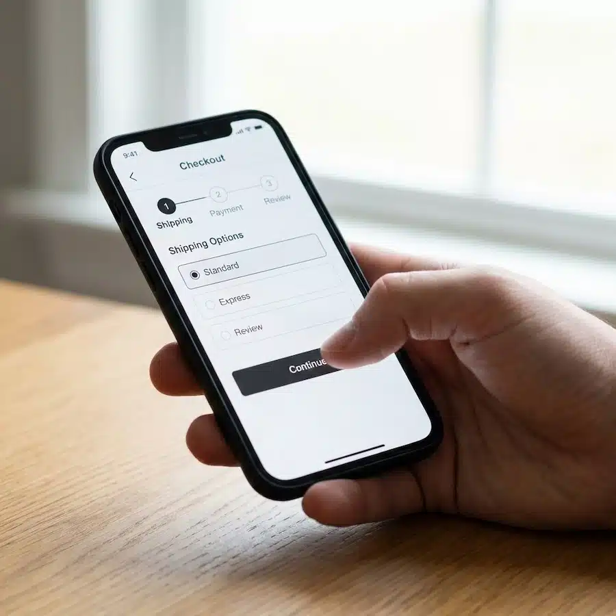 تسويق المتجر الإلكتروني: دليل عملي وخطة تنفيذ خطوة بخطوة شاشة هاتف تعرض صفحة دفع مبسطة لمتجر إلكتروني مع عناصر ثقة