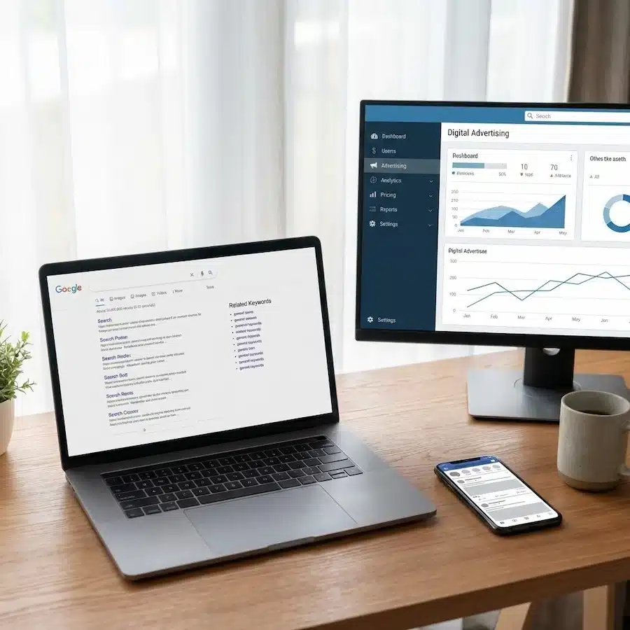 تسويق المتجر الإلكتروني: دليل عملي وخطة تنفيذ خطوة بخطوة مكتب عمل يعرض نتائج بحث ولوحة إعلانات وهاتف للسوشيال كتمثيل لقنوات التسويق