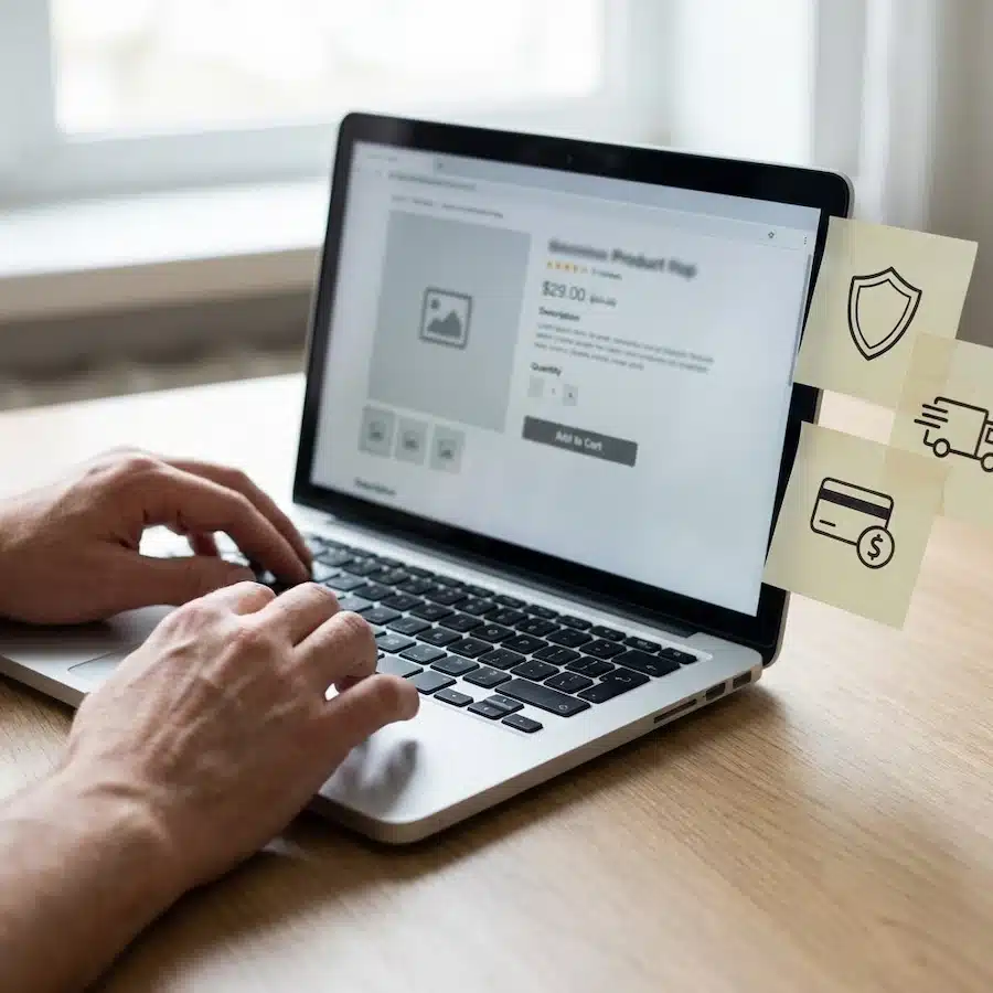 تسويق المتجر الإلكتروني: دليل عملي وخطة تنفيذ خطوة بخطوة شاشة متجر إلكتروني تعرض صفحة منتج مع ملاحظات لتحسين الثقة والدفع والشحن