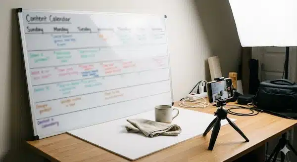 أفضل نموذج لخطة تسويقية سوشيال ميديا (قالب جاهز + خطوات التنفيذ والقياس) تقويم محتوى سوشيال ميديا على مكتب مع تجهيز تصوير منتج