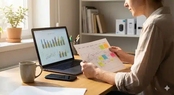 أفضل نموذج لخطة تسويقية سوشيال ميديا (قالب جاهز + خطوات التنفيذ والقياس) صاحب متجر يضع خطة تسويق سوشيال ميديا على مكتب مع لابتوب وهاتف