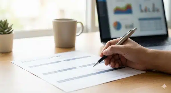 أفضل نموذج لخطة تسويقية سوشيال ميديا (قالب جاهز + خطوات التنفيذ والقياس) نموذج خطة سوشيال ميديا مطبوع بجانب لابتوب وقلم للتعبئة