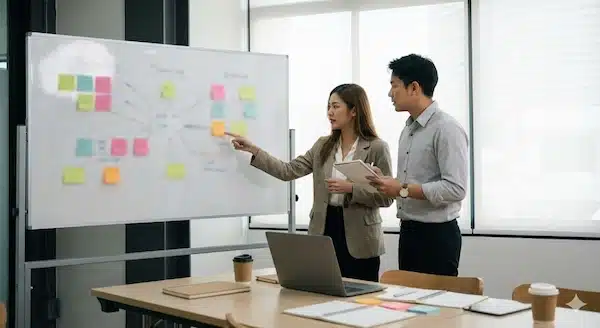 أفضل نموذج لخطة تسويقية سوشيال ميديا (قالب جاهز + خطوات التنفيذ والقياس) اجتماع عمل لتحديد أهداف وخطة سوشيال ميديا مع لوحة ملاحظات