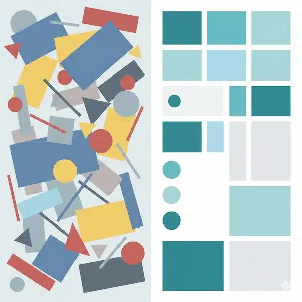 تصميم انفوجرافيك جذاب: دليل عملي خطوة بخطوة (مع أدوات وقائمة تدقيق) مقارنة بين تصميم مزدحم وتصميم منظم يوضح مبادئ تصميم انفوجرافيك جذاب