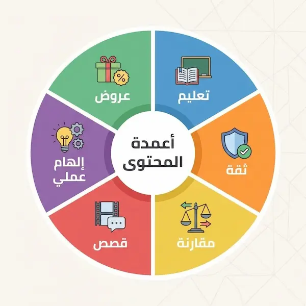 خطة تسويقية سوشيال ميديا: خطوات عملية من الفكرة إلى النتائج عجلة أعمدة المحتوى لخطة تسويقية سوشيال ميديا تضم تعليم وثقة ومقارنة وقصص وإلهام وعروض.