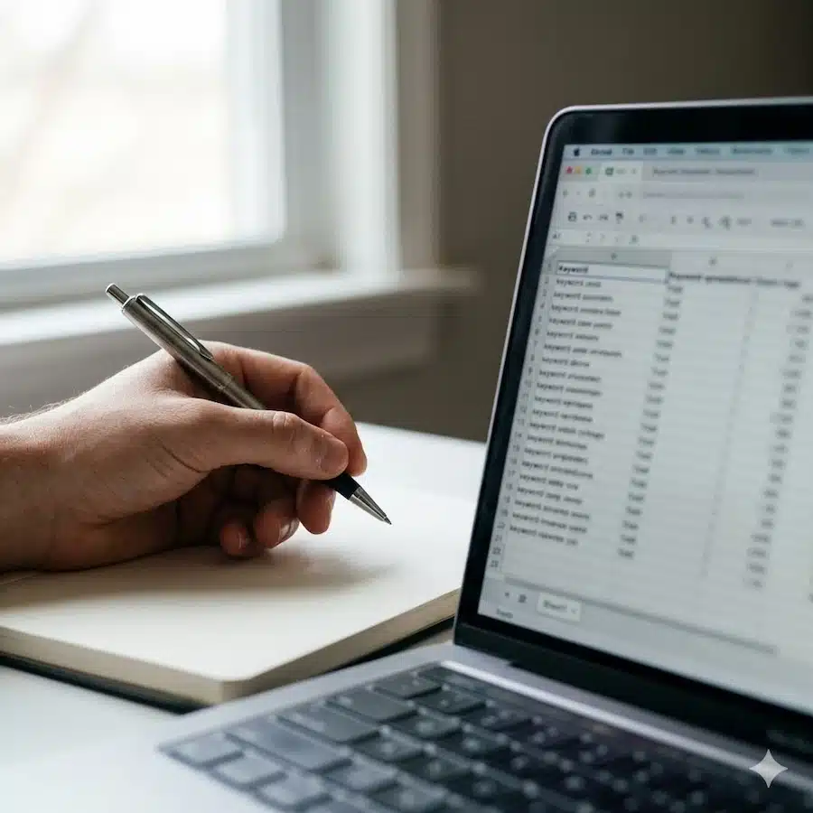 دليل الأسئلة الشائعة حول SEO: إجابات مختصرة وخطوات عملية باحث تسويق يراجع قائمة كلمات مفتاحية على شاشة لابتوب بدون شعارات