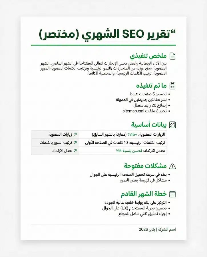 أفضل شركة سيو؟ 15 معيارًا لاختيار شركة SEO وتفادي أخطاء التعاقد نموذج مبسط لمخرجات شركة السيو الشهرية مثل الصفحات المحسنة والإصلاحات والتقارير