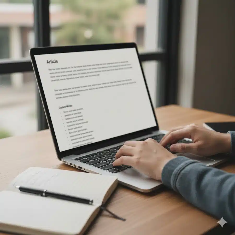 دليل الأسئلة الشائعة حول SEO: إجابات مختصرة وخطوات عملية كاتب محتوى يحرر مقالًا على اللابتوب مع ملاحظات عمل بدون نص واضح