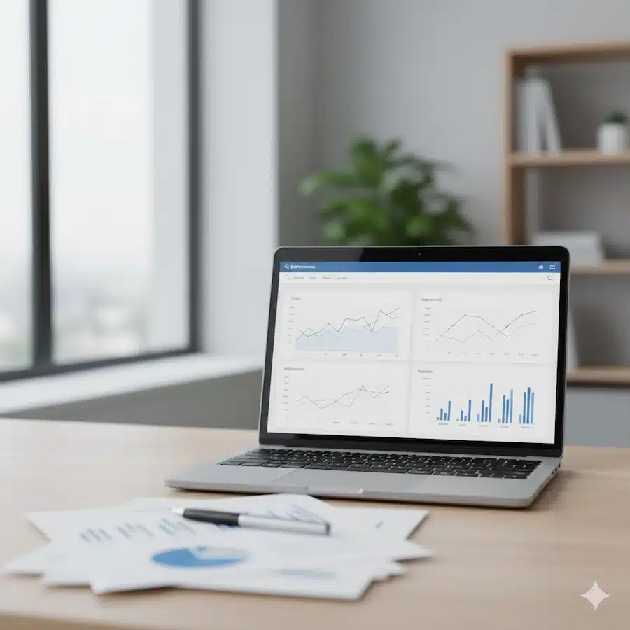 دليل الأسئلة الشائعة حول SEO: إجابات مختصرة وخطوات عملية لوحة مؤشرات أداء للسيو على شاشة لابتوب مع تقرير مطبوع بدون شعارات