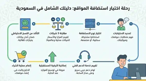 أفضل شركة استضافة مواقع في السعودية: دليل اختيار سريع مخطط خطوات لاختيار أفضل شركة استضافة مواقع في السعودية من تحديد الاحتياج حتى الشراء