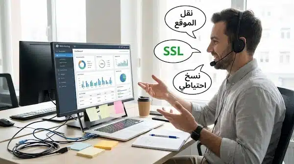 أفضل شركة استضافة مواقع في السعودية: دليل اختيار سريع موظف دعم فني بجانب لابتوب يعرض لوحة تحكم استضافة مع عبارات نقل الموقع وSSL والنسخ الاحتياطي
