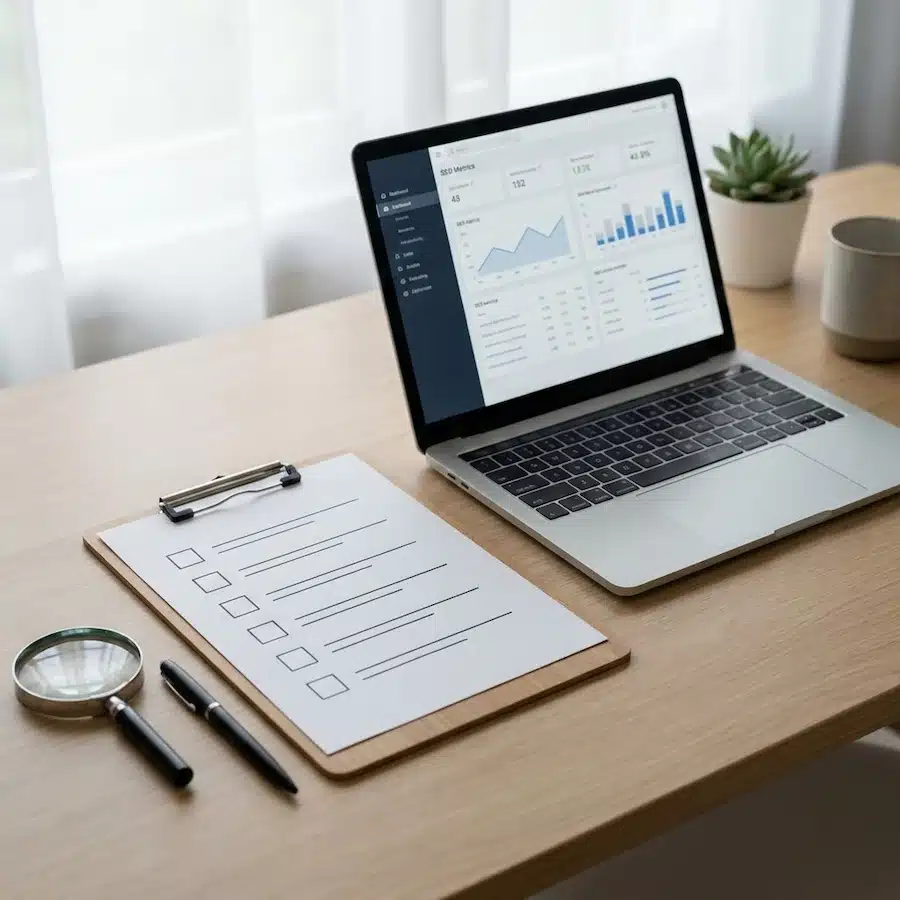 أفضل باك لينك: الأنواع الأقوى وكيف تحصل عليها بأمان قائمة فحص على مكتب بجوار لابتوب لتحليل جودة الروابط الخلفية