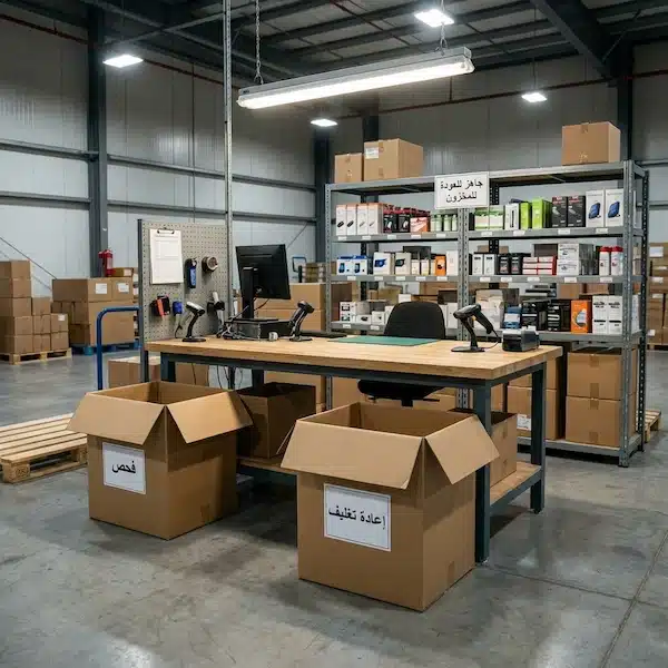 تخزين منتجات المتاجر: دليل عملي لتنظيم المستودع وتقليل الأخطاء منطقة مرتجعات وفحص تساعد على تخزين منتجات المتاجر بدون خلط المخزون