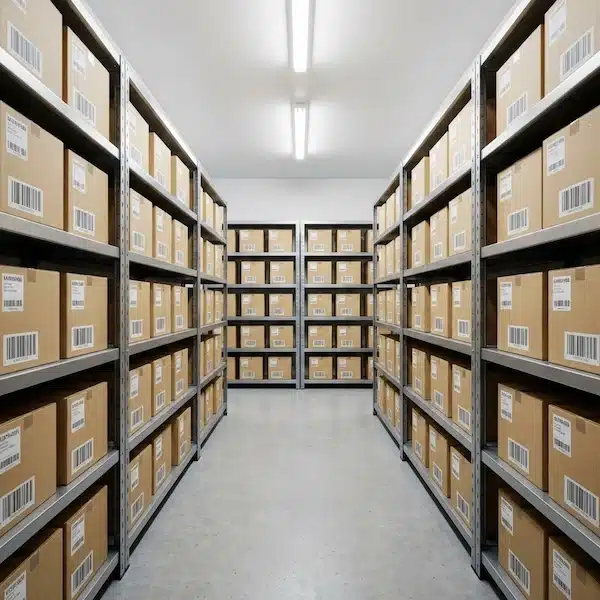 تخزين منتجات المتاجر: دليل عملي لتنظيم المستودع وتقليل الأخطاء مستودع منظم يوضح تخزين منتجات المتاجر على رفوف مع ملصقات باركود