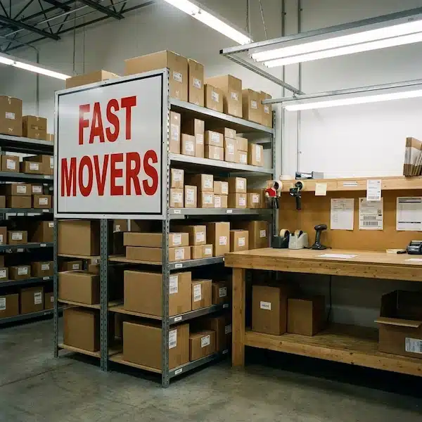 تخزين منتجات المتاجر: دليل عملي لتنظيم المستودع وتقليل الأخطاء منطقة المنتجات السريعة الحركة لتحسين تخزين منتجات المتاجر