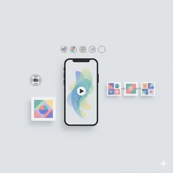 خطة محتوى سوشيال ميديا: دليل عملي لبناء تقويم شهري قابل للتنفيذ واجهات رمزية بدون نص توضح أشكال المحتوى مثل ريلز وكاروسيل وستوري وبوست ولايف.