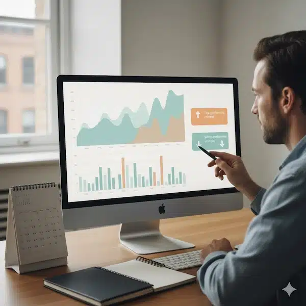 خطة محتوى سوشيال ميديا: دليل عملي لبناء تقويم شهري قابل للتنفيذ شخص يراجع لوحة تحليلات ورسوم بيانية لتقييم أداء المحتوى وتحسينه.