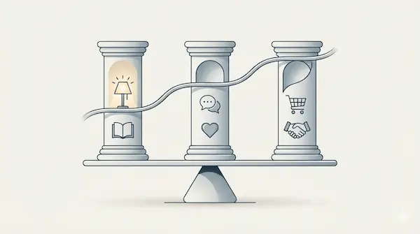 خطة محتوى سوشيال ميديا: دليل عملي لبناء تقويم شهري قابل للتنفيذ تصميم يوضح ثلاثة أعمدة للمحتوى تمثل التوعية والتفاعل والتحويل بشكل متوازن.