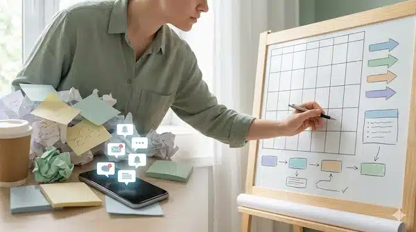 خطة محتوى سوشيال ميديا: دليل عملي لبناء تقويم شهري قابل للتنفيذ مكتب تسويق يظهر فرقًا بين نشر عشوائي وتقويم محتوى منظم.