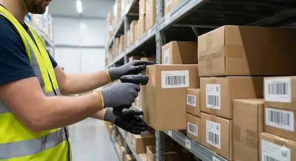 إدارة المتاجر الإلكترونية: دليل عملي للتشغيل والنمو خطوة بخطوة موظف يمسح باركود منتج داخل مخزن منظم ورفوف ممتلئة