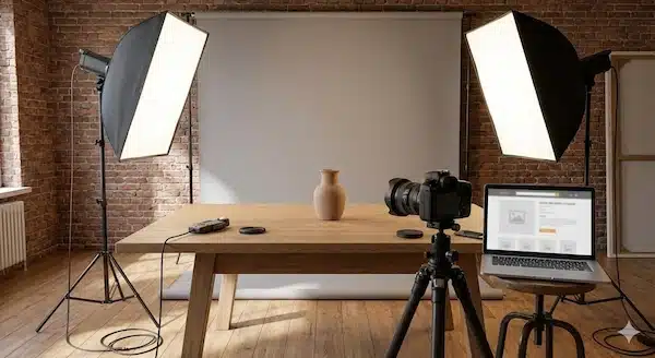 تصميم متجر الكتروني على منصه سله: دليل عملي من الصفر حتى الإطلاق تصوير منتجات في استوديو صغير مع لابتوب يعرض صفحة منتج بشكل عام بدون نص