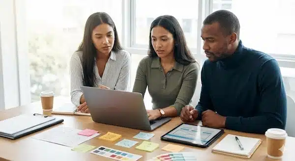 تصميم متجر الكتروني على منصه سله: دليل عملي من الصفر حتى الإطلاق تصميم متجر إلكتروني على منصة سلة على شاشة لابتوب مع فريق يعمل على التخطيط