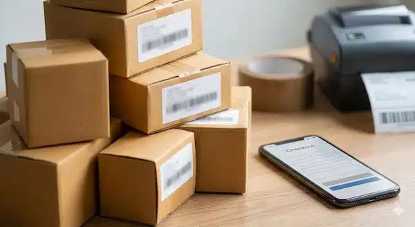 تصميم متجر الكتروني على منصه سله: دليل عملي من الصفر حتى الإطلاق صناديق شحن مرتبة مع هاتف يعرض شاشة دفع عامة بدون نص