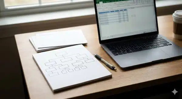 تصميم متجر الكتروني على منصه سله: دليل عملي من الصفر حتى الإطلاق تخطيط تصنيفات متجر إلكتروني على ورق مع جهاز لابتوب