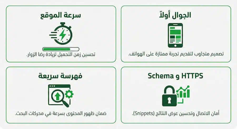 تحسين نتائج محركات البحث: خارطة طريق 30/60/90 يوم + Checklist عملي إنفوجرافيك يشرح أساسيات Technical SEO مثل سرعة الموقع والفهرسة وHTTPS وSchema.
