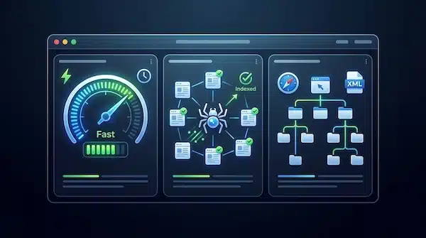كيف تختار أفضل مقدم خدمة سيو لمتجرك؟ (معايير + تكلفة + تقييم عروض) لوحة تحكم توضيحية للسيو التقني تشمل السرعة والفهرسة وخريطة الموقع