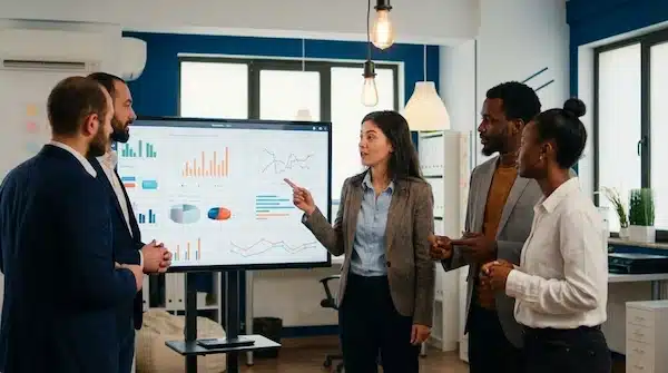 شركة تحسين محركات البحث: كيفية اختيار الشريك المناسب فريق يناقش خطة تحسين محركات البحث أمام شاشة تحليلات