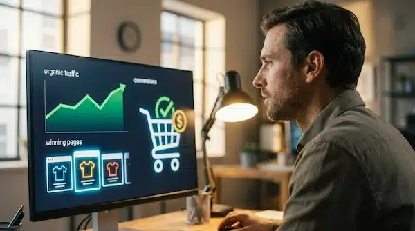 كيف تختار أفضل مقدم خدمة سيو لمتجرك؟ (معايير + تكلفة + تقييم عروض) شخص يراجع تقارير السيو للمتجر تشمل الزيارات العضوية والصفحات والتحويلات