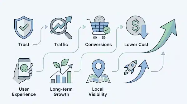 أفضل شركة خدمات سيو لأصحاب الشركات في السعودية | نسر المتاجر أيقونات تمثل فوائد السيو مثل زيادة الزيارات والتحويلات وتعزيز الثقة وتقليل التكلفة.